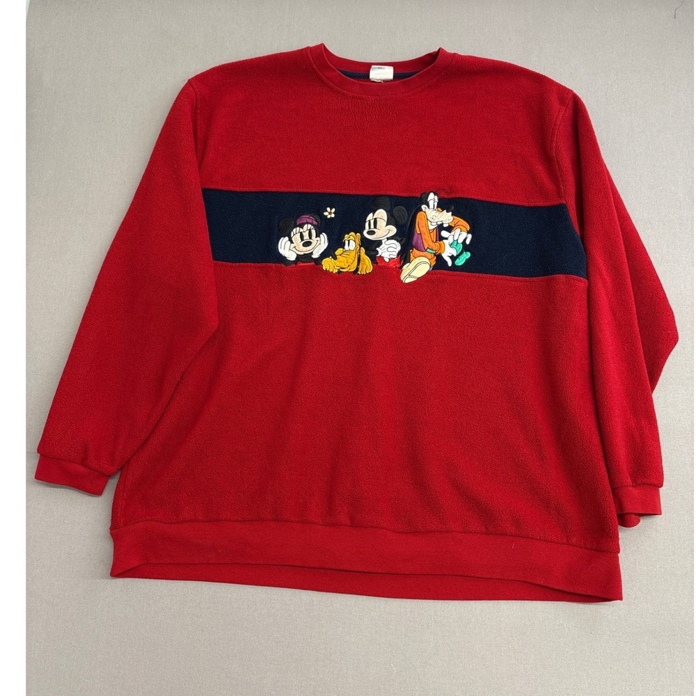 Vintage Disney Store Mickey Minnie Goofy Pluto Fleece Sweatshirt Red Mens XL